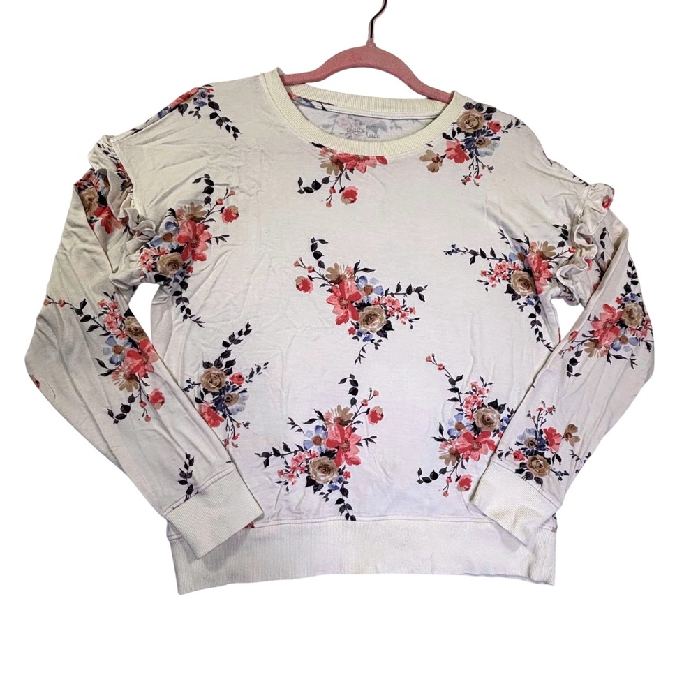 Grace & Lace Floral Ruffle Shoulder Sweatshirt Cream Pink Rose Small